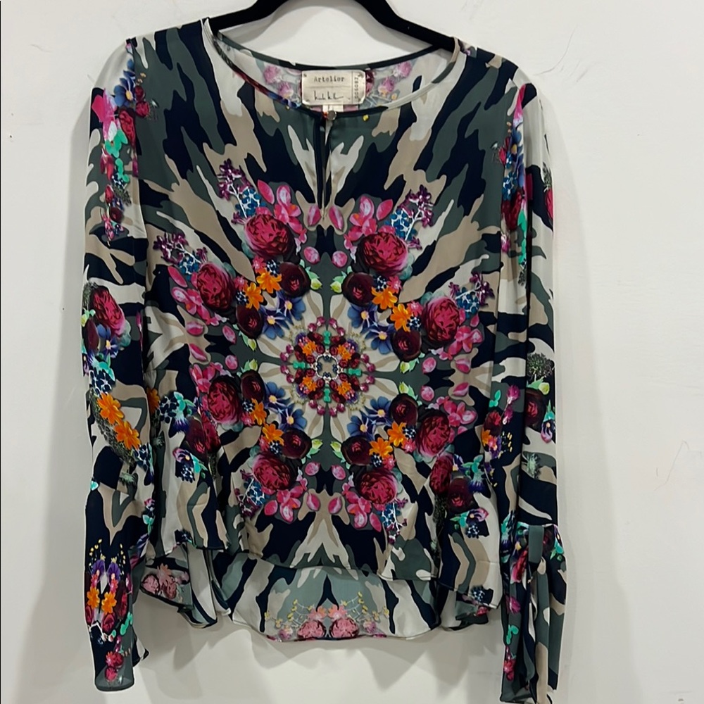 Nicole Miller Pink Graphic Long Sleeve Blouse